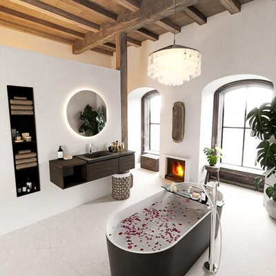 MONDIAZ BUKLA 140cm ensemble de meuble avec module ouvert 40 gauche couleur Marron Foncé avec 2 tiroirs. Lavabo CLOUD droit 1 trou de robinet couleur Urban.