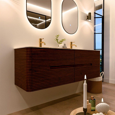 Mondiaz CIRO-DLUX Badkamermeubelset - 150x45x50cm - Solid surface wastafel Frappe - 2 wasbak Dubbel - 2 kraangaten - 4 lades - Ruby