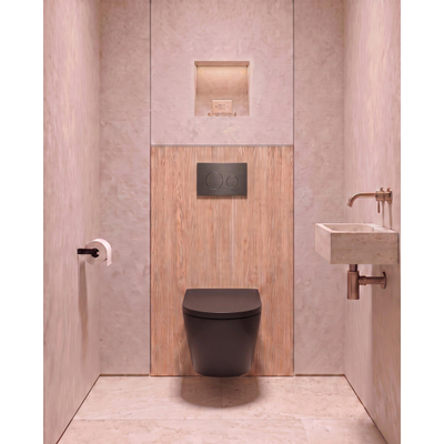 QeramiQ Dely Toiletset - 36.3x51.7cm - diepspoel - rimless - Geberit UP320 inbouwreservoir - softclose toilet zitting - 35mm - gunmetal bedieningsplaat - ronde knoppen - mat zwart