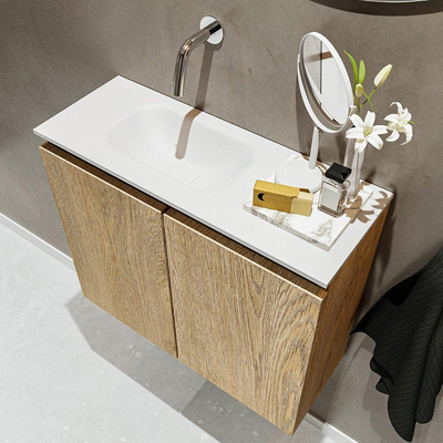 MONDIAZ TURE Kit lave-mains - 60x23x50cm - 0 trous de robinet - 2 portes - chêne blanchi mat - Lavabo à gauche - Solid Surface Blanc