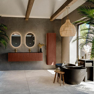 Mondiaz KURVE Ensemble de meuble salle de bain - 165x46x40cm - 2 tiroirs - 1 porte - lavabo en solid surface - double / gauche - 2 trous de robinet - Ruby