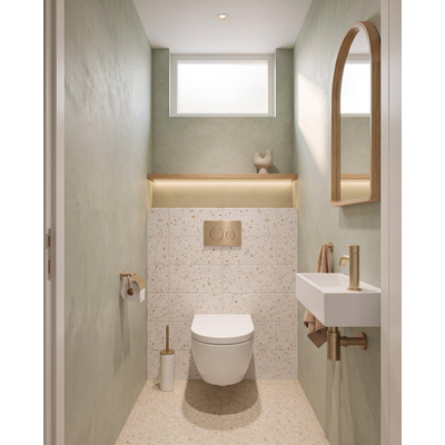 QeramiQ Dely Swirl Compact Toiletset - inbouwreservoir Geberit UP320 - met Burda frame - 25mm zitting - kunststof bedieningsplaat geborsteld messing (goud) - ronde knoppen - glans wit