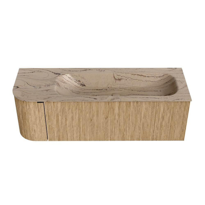 MONDIAZ KURVE-DLUX Meuble de salle de bains 135cm arrondi à gauche couleur Chêne avec 1 tiroir et 1 porte. Lavabo BIG MEDIUM à droite 1 trou de robinet Arena.
