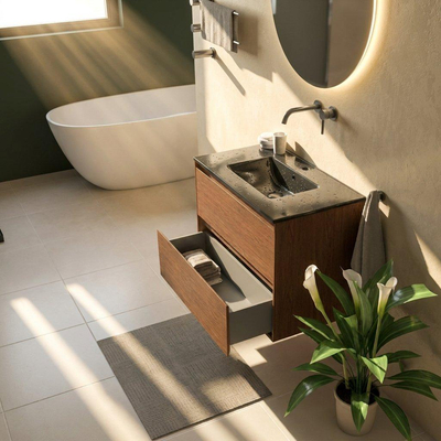 Saniclass Holz Pure Ensemble meuble de salle de bains - 80x45x62cm - Vasque Vygo en céramique noire - 1 vasque - sans trou de robinetterie - 2 tiroirs - walnut pure mat (bois)