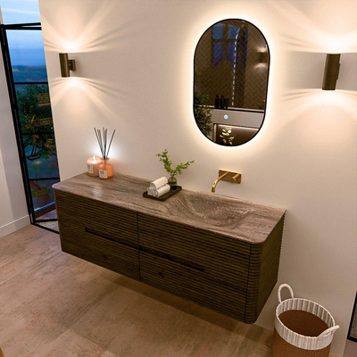 Mondiaz CIRO-DLUX Meuble de salle de bains - 150x45x50cm - Plan vasque solid surface Oza - 1 lavabo à droite - sans trous de robinetterie - 4 tiroirs - Shadow
