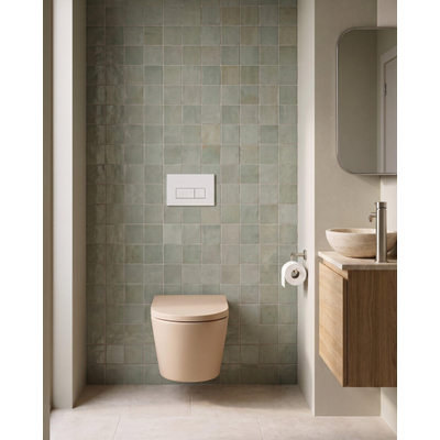 QeramiQ Dely Toiletset - 36.3x51.7cm - Geberit UP720 inbouwreservoir - rimless - diepspoel - 35mm zitting - softclose - bedieningsplaat glans wit - rechthoekige knoppen - mat beige