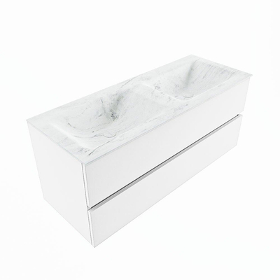 Mondiaz VICA-DLUX Ensemble de meuble de salle de bain - 120cm - meuble sous-vasque talc - 2 tiroirs - lavabo encastré cloud double - 2 trous de robinet - version haute de 60cm - opalo