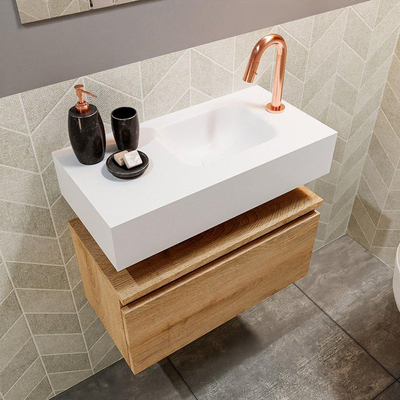 MONDIAZ ANDOR Toiletmeubel - 60x30x30cm - 1 kraangat - 1 lades - washed oak mat - wasbak rechts - Solid surface - Wit