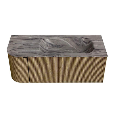 MONDIAZ KURVE-DLUX Meuble de salle de bains 115cm arrondi à gauche couleur Dusk avec 1 tiroir et 1 porte. Vasque BIG SMALL à droite sans trou de robinet Sombra.