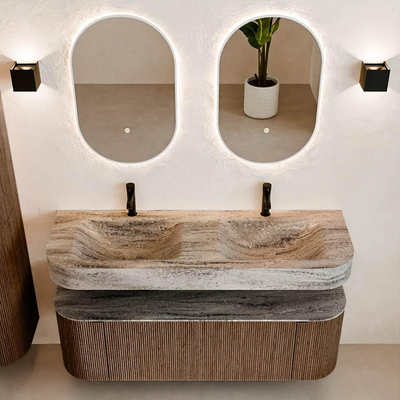 MONDIAZ THOR-DLUX 140cm badmeubel ronding links + rechts kleur Walnut met 1 lade en 2 deuren. Vrijhangende wastafel CLOUD Dubbel 2 kraangaten kleur Oza.