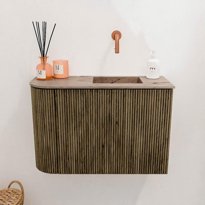 Mondiaz JOYA-DLUX 61.6cm toiletmeubel - ronding links kleur Dusk - Wastafel FAYE positie Rechts Zonder kraangat kleur Arena.