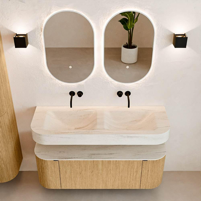 MONDIAZ THOR-DLUX 130cm badmeubel ronding links + rechts kleur Oak met 1 lade en 2 deuren. Vrijhangende wastafel CLOUD Dubbel zonder kraangat kleur Meli.