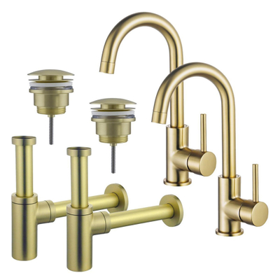 FugaFlow Eccelente Sobrado Kit robinet lavabo - pour double vasque - robinet haut - bec rotatif - bonde clic clac - siphon design - Laiton brossé PVD