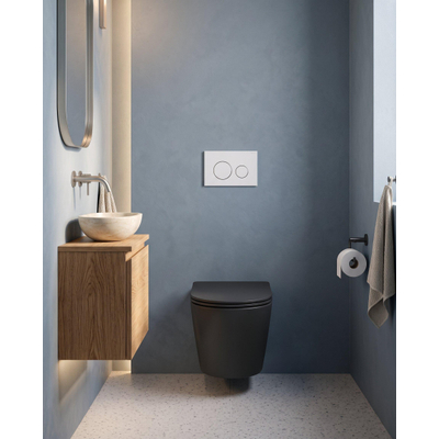 QeramiQ Dely Toiletset - 36.3x51.7cm - Geberit UP720 inbouwreservoir - rimless - diepspoel - zitting - softclose - bedieningsplaat mat wit - ronde knoppen - mat zwart