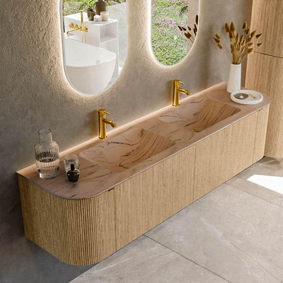 MONDIAZ KURVE-DLUX Meuble de salle de bains 180cm arrondi Gauche + Droite couleur Chêne avec 2 tiroirs et 2 portes. Lavabo LEAF Double 2 trous de robinet Arena.