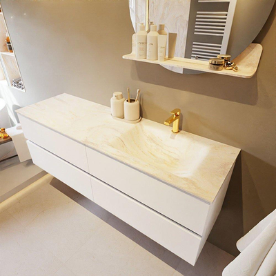 Mondiaz VICA-DLUX ensemble de meuble de salle de bain - 150cm - meuble sous-vasque talc - 4 tiroirs - lavabo encastré cloud droite - 1 trou de robinet - version haute de 60cm - ostra