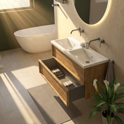 Saniclass Holz Frame Ensemble meuble de salle de bains - 120x45x63.5cm - Lavabo Bari en céramique blanc - 2 vasques - sans trous de robinet - 2 tiroirs - chêne natural mat (bois)