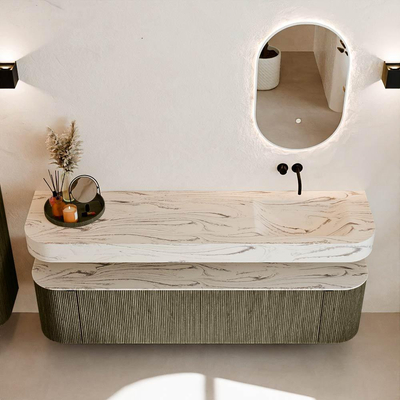 MONDIAZ THOR-DLUX Meuble de salle de bains - 180cm - arrondi gauche + droite - couleur Shadow - 2 tiroirs - 2 portes - Vasque suspendue CLOUD Droite sans trou de robinet - couleur Nata