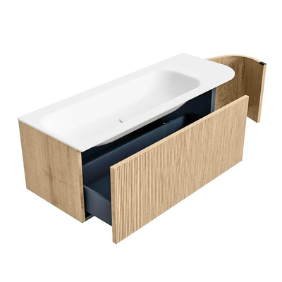 MONDIAZ KURVE Meuble de salle de bains 125cm avec module 25 R couleur Oak avec 1 tiroir et 1 porte. Lavabo BIG MEDIUM gauche sans trou de robinet Talc.