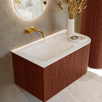 Mondiaz KURVE-DLUX Ensemble meuble de salle de bains - 85x46x40cm - 1 tiroir - 1 porte - lavabo solid surface - gauche - sans trou de robinet - Ruby