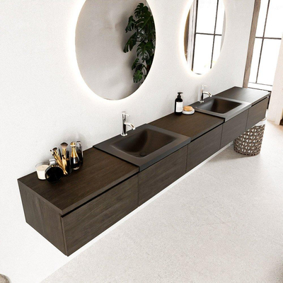MONDIAZ BUKLA 300cm badmeubel met module 60 kleur Dark Brown met 5 lades. Wastafel CLOUD dubbel 2 kraangaten kleur Urban.