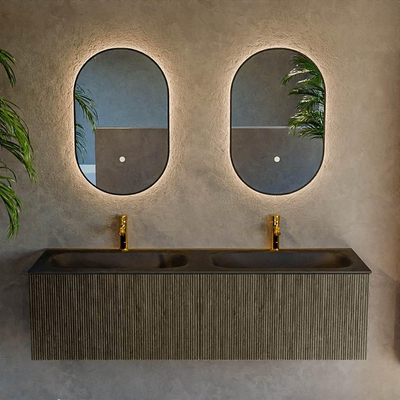 Mondiaz KURVE Ensemble de meuble salle de bain - 150x46x40cm - 2 tiroirs - lavabo en solid surface - double - 2 trous de robinet - Shadow