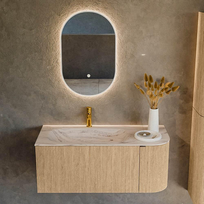 MONDIAZ KURVE-DLUX Meuble de salle de bains 105cm courbe Droite couleur Chêne avec 1 tiroir et 1 porte. Lavabo BIG SMALL Gauche 1 trou de robinet Nata.
