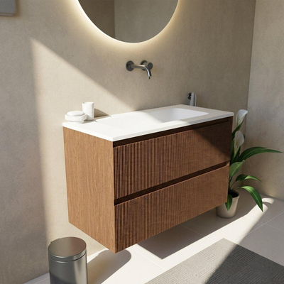 Saniclass Holz Atelier Ensemble meuble de salle de bains - 100x45x77.5cm - lavabo Torino en solid surface blanc - sans trou de robinet - 2 tiroirs - walnut pure mat (bois)