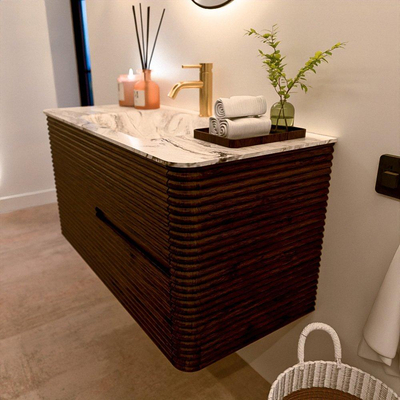 Mondiaz CIRO-DLUX Meuble de salle de bains - 100x45x50cm - Plan vasque solid surface Glace - 1 lavabo central - 1 trou de robinet - 2 tiroirs - Noyer