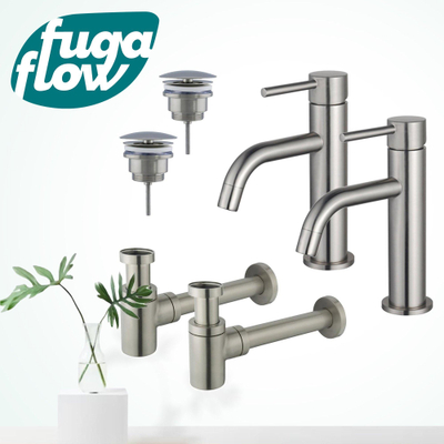 FugaFlow Eccelente Sobrado Badkamer Slim Wastafelkraanset - voor dubbele wastafel - lage wastafelkraan - always open plug - verlaagde design sifon - PVD Geborsteld RVS
