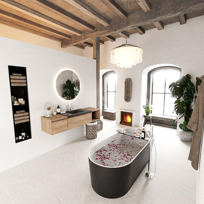 MONDIAZ BUKLA 160cm ensemble de meuble avec module ouvert 40 à droite couleur Chêne blanchi avec 2 tiroirs. Lavabo CLOUD centre 1 trou de robinet couleur Urbaine.