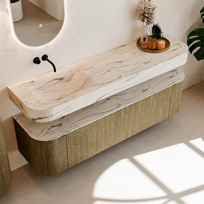 MONDIAZ THOR-DLUX 170cm meuble de salle de bains arrondi gauche + droite couleur Dusk avec 1 tiroir et 2 portes. Vasque suspendue CLOUD Gauche sans trou de robinet couleur Nata.