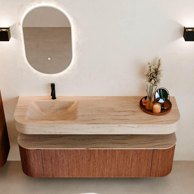 MONDIAZ THOR-DLUX 160cm meuble de salle de bains arrondi gauche + droite couleur Ruby avec 1 tiroir et 2 portes. Vasque suspendue CLOUD Gauche 1 trou de robinet couleur Saba.