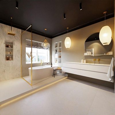 MONDIAZ VICA-DLUX Ensemble meuble de salle de bains - 200cm - sous-meuble talc - 4 tiroirs - lavabo encastré cloud à droite - sans trous de robinet - version haute 60cm - opalo