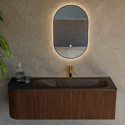 MONDIAZ KURVE meuble de salle de bains 135cm avec module 25 L couleur Walnut avec 1 tiroir et 1 porte. Lavabo BIG MEDIUM à droite 1 trou de robinet Urban.