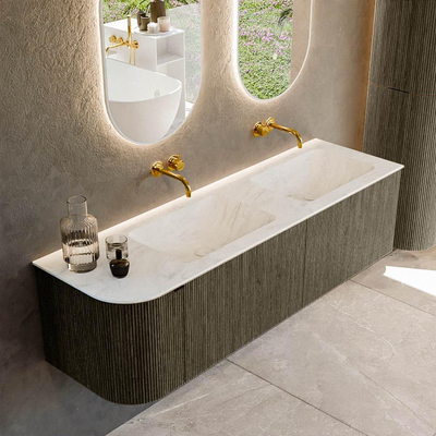Mondiaz KURVE-DLUX Ensemble meuble de salle de bains - 155x46x40cm - 2 tiroirs - 1 porte - lavabo solid surface - double / droite - sans trou de robinet - Shadow