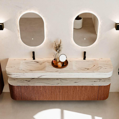 MONDIAZ THOR-DLUX 200cm meuble de salle de bains arrondi gauche + droite couleur Ruby avec 2 tiroirs et 2 portes. Vasque suspendue CLOUD Double 2 trous de robinet couleur Nata.