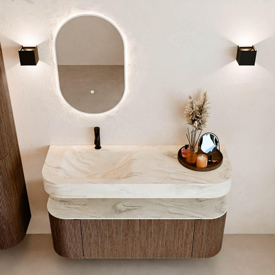 MONDIAZ THOR-DLUX 130cm badmeubel ronding links + rechts kleur Walnut met 1 lade en 2 deuren. Vrijhangende wastafel CLOUD Links 1 kraangat kleur Ostra.