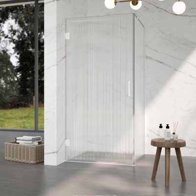 FugaFlow Eccelente Vetro Douchecabine - 80x80x200cm - scharnieren - deurgreep - stabilisatiestang - helder geribbeld - veiligheidsglas - Mat wit