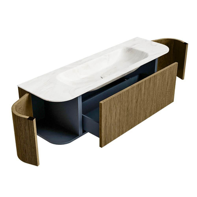 Mondiaz KURVE-DLUX Badkamermeubelset - 150x46x40cm - 1 lade - 2 deuren - wastafel solid surface - midden - 1 kraangat - Dusk