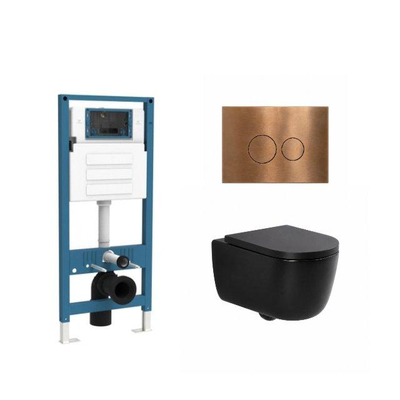 QeramiQ Dely Swirl Ensemble de toilettes - réservoir encastré QeramiQ Flush - abattant 35 mm - plaque de commande en cuivre métal - boutons ronds - noir mat