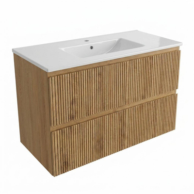 Saniclass Holz Atelier Ensemble de meubles de salle de bains - 100x45x62cm - Vygo lavabo en céramique blanc - 1 vasque - 1 trou de robinetterie - 2 tiroirs - chêne natural mat (bois)