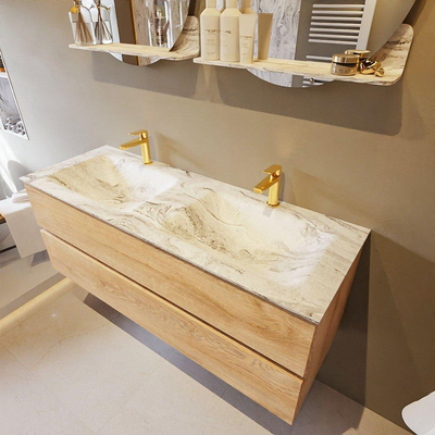 Mondiaz VICA-DLUX Ensemble de meuble de salle de bain - 130cm - meuble sous-vasque chêne blanchi - 2 tiroirs - lavabo encastré cloud double - 2 trous de robinet - version haute de 60cm - glace