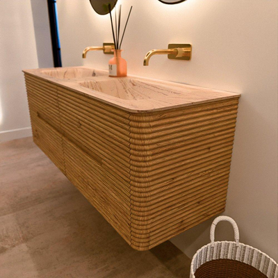 Mondiaz CIRO-DLUX Badkamermeubelset - 140x45x50cm - Solid surface wastafel Arena - 2 wasbak Dubbel - zonder kraangaten - 4 lades - Oak