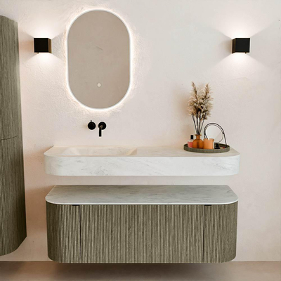 MONDIAZ THOR-DLUX 130cm meuble de salle de bains arrondi gauche + droite couleur Shadow avec 1 tiroir et 2 portes. Vasque suspendue CLOUD Gauche sans trou de robinet couleur Opalo.