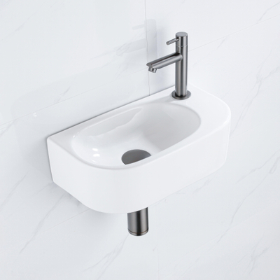 Fugaflow Efficiente Pietra Ensemble de fontaine - 40x21.5x12cm - droite - lisse - demi-rond - 1 trou de robinet - céramique - robinet de fontaine gunmetal - bonde d’évacuation - siphon déporté - blanc brillant
