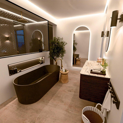 Mondiaz CIRO-DLUX Meuble de salle de bains - 120x45x50cm - Vasque solid surface Glace - 1 bassin à gauche - 1 trou de robinet - 2 tiroirs - Noyer