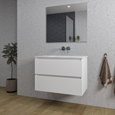 Saniclass Chaci Meuble de salle de bain - 80x46x55cm - lavabo en céramique blanc - 1 vasque - sans trous de robinet - 2 tiroirs - miroir rectangulaire - blanc mat