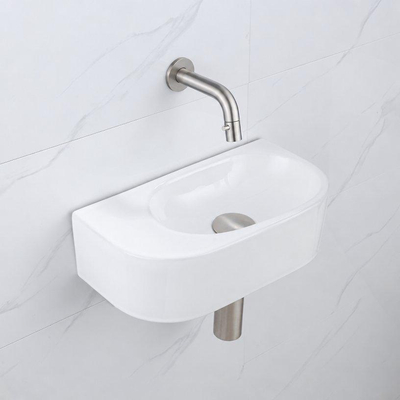 QeramiQ Fuente fonteinset – halfrond – 40x21.5x12 cm – keramiek wit glans – kraan geborsteld RVS