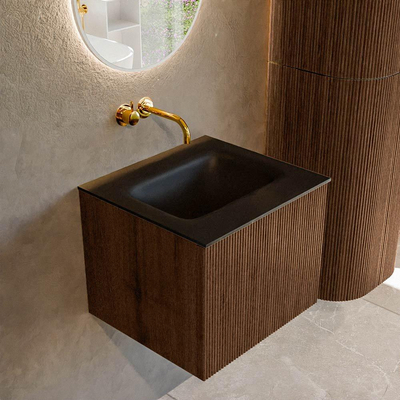 MONDIAZ KURVE 50cm badmeubel kleur Walnut met 1 lade. Wastafel GRUNNE midden zonder kraangat Urban.